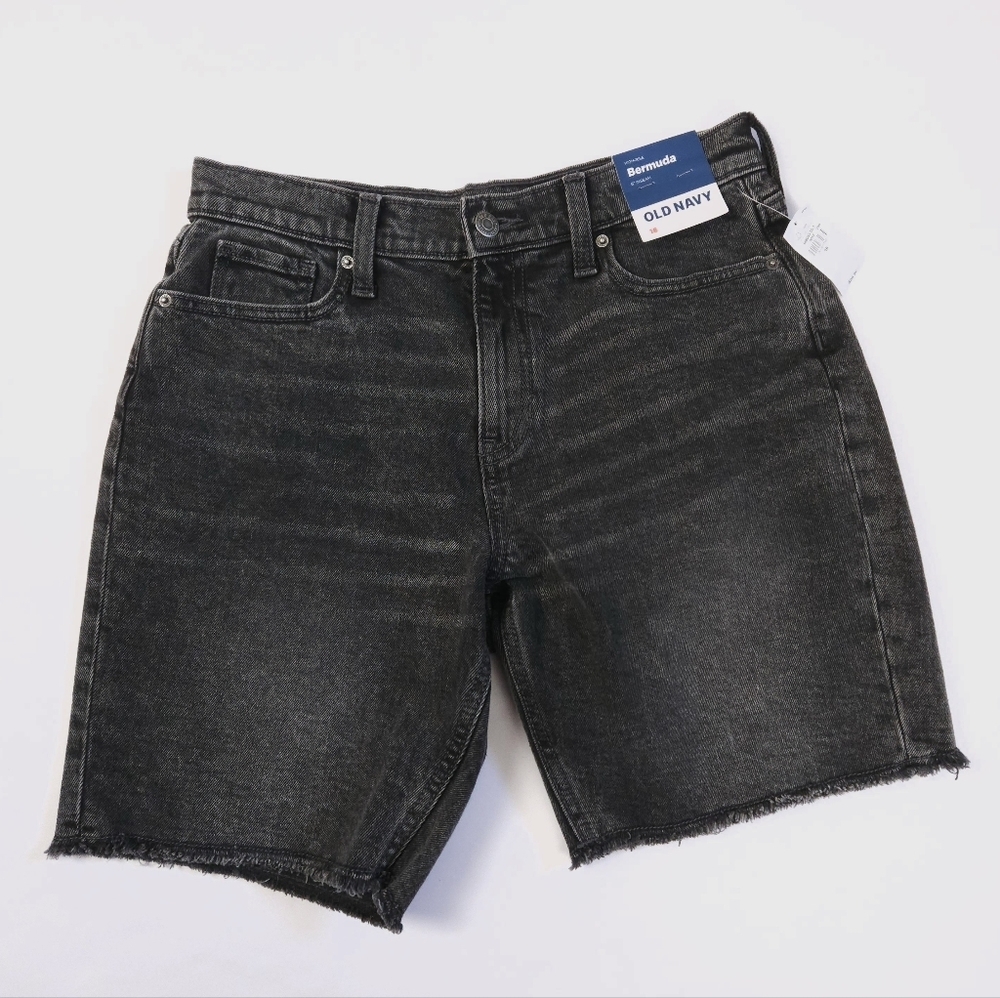 Old Navy High Rise Bermuda Shorts Girls Size 18 Black Denim Frayed NWT